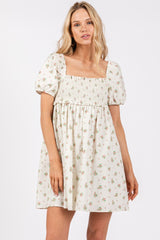 Ivory Floral Puff Short Sleeve Mini Dress