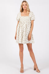 Ivory Floral Puff Short Sleeve Mini Dress