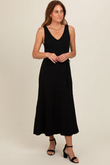 Black Pleated V-Neck Waist Tie Sweater Maxi Dress