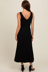 Black Pleated V-Neck Waist Tie Sweater Maxi Dress