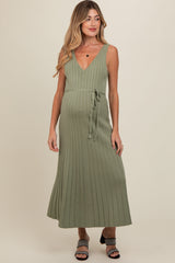 Light Olive Pleated V-Neck Waist Tie Sweater Maternity Maxi Dress