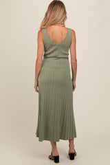 Light Olive Pleated V-Neck Waist Tie Sweater Maternity Maxi Dress