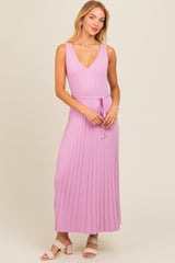 Pink Pleated V-Neck Waist Tie Sweater Maxi Dress