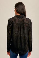 Black Tie Waist Chiffon Jacquard Button Down Blouse