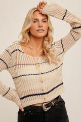 Taupe Navy Scoop Neck Stripe Open Stitch Cardigan