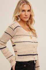 Taupe Navy Scoop Neck Stripe Open Stitch Cardigan