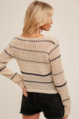 Taupe Navy Scoop Neck Stripe Open Stitch Cardigan