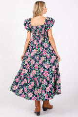 Navy Blue Floral Square Neck Puffy Sleeves Dress