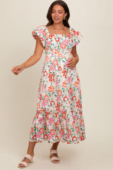 Cream Floral Square Neck Puffy Sleeves Maternity Dress