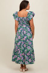 Green Floral Square Neck Puffy Sleeves Maternity Dress