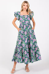 Green Floral Square Neck Puffy Sleeves Maternity Dress