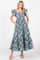 Green Floral Square Neck Puffy Sleeves Dress