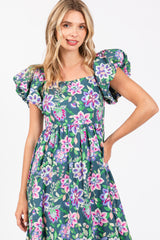 Green Floral Square Neck Puffy Sleeves Dress