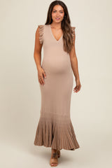 Beige Ruffle Sleeve Mermaid Hem Maternity Midi Dress