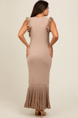 Beige Ruffle Sleeve Mermaid Hem Maternity Midi Dress