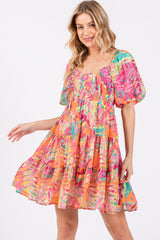 Fuchsia Printed Smocked Puff Sleeve Dress