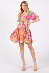 Fuchsia Printed Smocked Puff Sleeve Dress