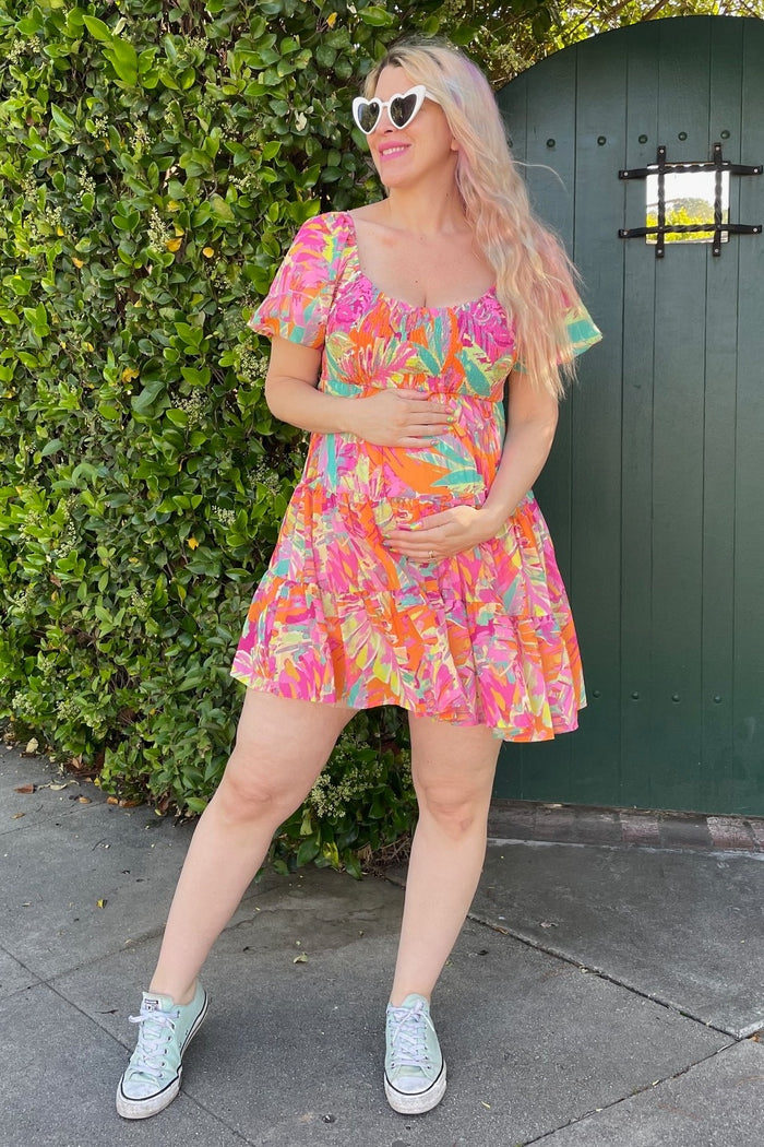 Fuchsia Printed Smocked Puff Sleeve Maternity Dress