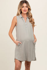 Light Olive Collared V Neck Maternity Dress