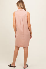 Peach Collared V Neck Maternity Dress