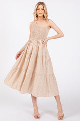 Beige Floral Linen Smocked One Shoulder Tiered Maternity Midi Dress