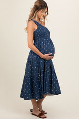 Navy Blue Floral Linen Smocked One Shoulder Tiered Maternity Midi Dress