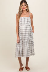 Ivory Plaid Shoulder Tie Maternity Midi Dress