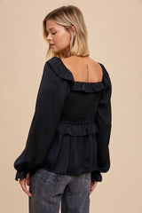 Black Washed Satin Cross Ruffled Long Sleeve Blouse