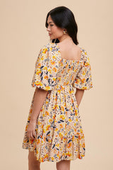 Multicolor Floral Print Puff Sleeve Dress