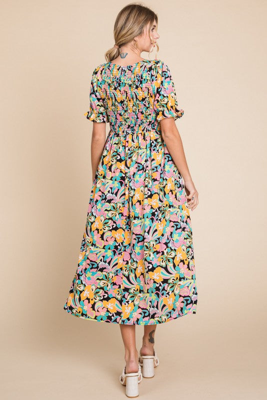 Black Floral Smocked Ruffle Short Sleeve Midi Dress