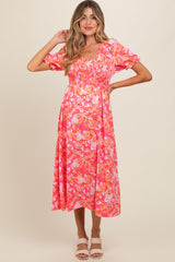 Fuchsia Floral Smocked Ruffle Short Sleeve Maternity Midi Dress