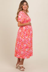 Fuchsia Floral Smocked Ruffle Short Sleeve Maternity Midi Dress