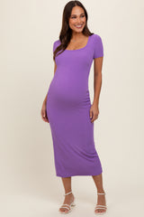 Purple Ribbed Fitted Maternity Midi Dress