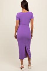 Purple Ribbed Fitted Maternity Midi Dress