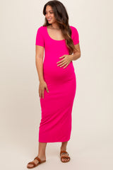 Fuchsia Ribbed Fitted Maternity Midi Dress