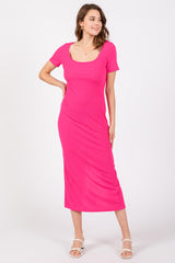 Fuchsia Ribbed Fitted Maternity Midi Dress