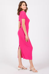 Fuchsia Ribbed Fitted Midi Dress