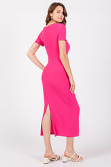 Fuchsia Ribbed Fitted Midi Dress