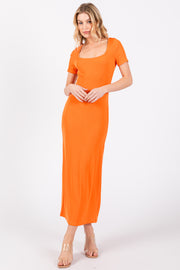 Orange Ribbed Fitted Midi Dress