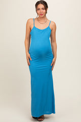 Aqua Ribbed Fitted Maternity Maxi Dress