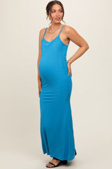 Aqua Ribbed Fitted Maternity Maxi Dress