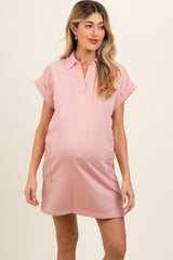 Pink Terry Cuff Sleeve Pocketed Collared Maternity Dress