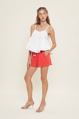 Red Drawstring Fringe Hem Maternity Shorts