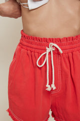 Red Drawstring Fringe Hem Shorts