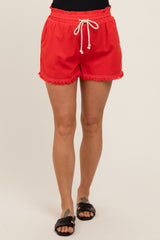 Red Drawstring Fringe Hem Maternity Shorts