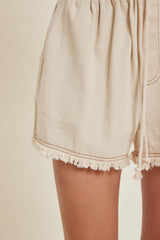 Beige Drawstring Fringe Hem Shorts