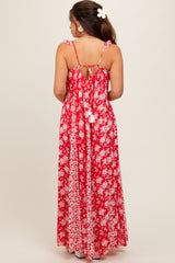 Red Floral Ruffle Shoulder Cut-Out Back Maternity Maxi Dress