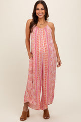 Coral Floral Striped Asymmetrical Maternity Jumpsuit