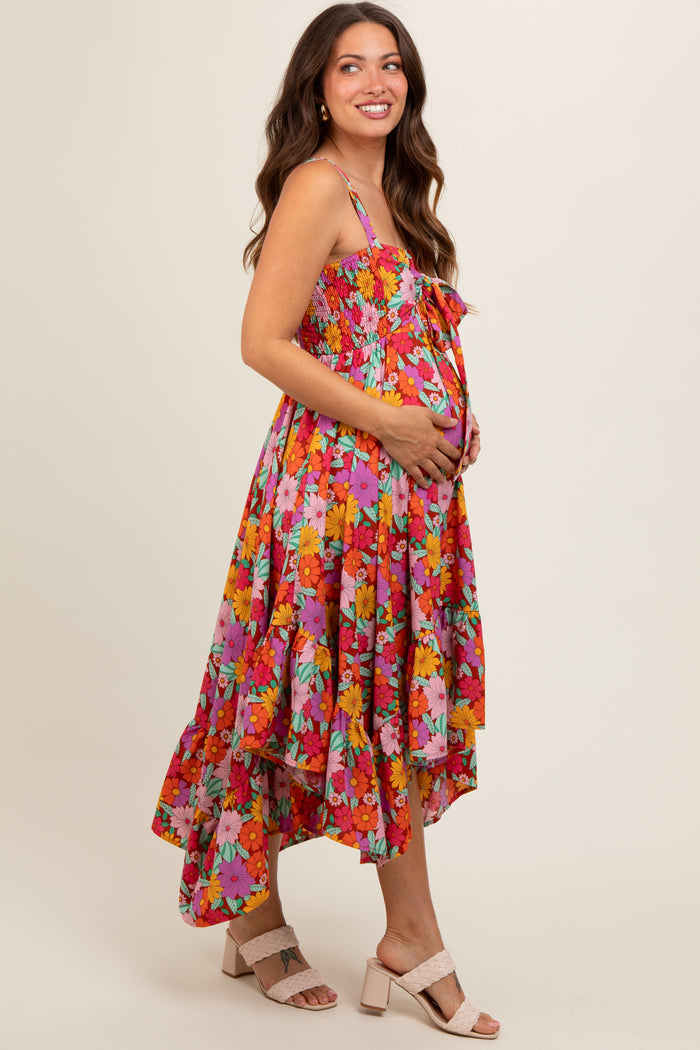Orange Floral Smocked Sleeveless Maternity Midi Dress