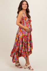 Orange Floral Smocked Sleeveless Maternity Midi Dress